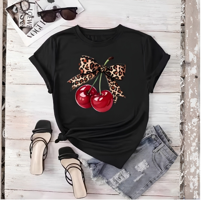 Fashion Cherry Print Women T-Shirt Short Sleeve Crew Neck Casual Tops for Summer Spring